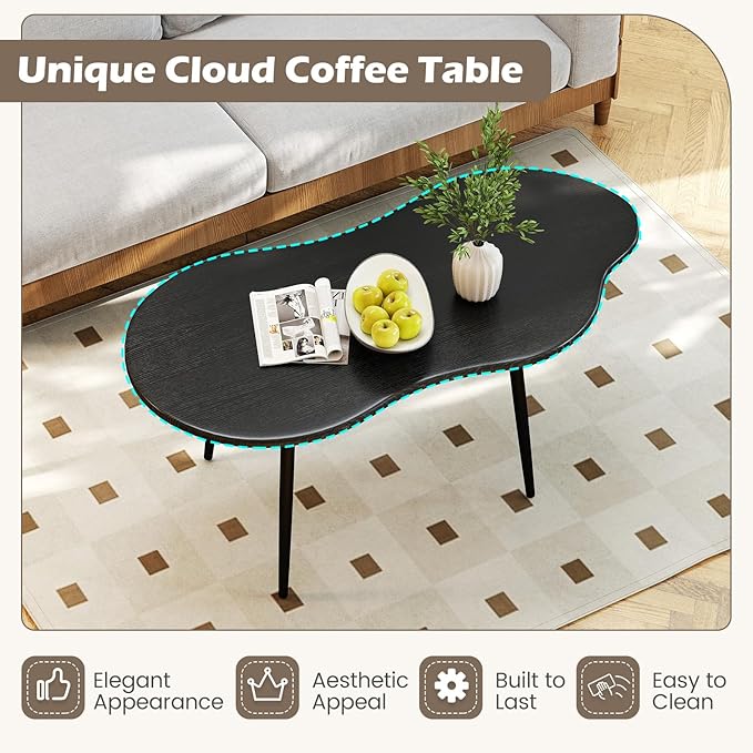 Giantex Small Coffee Table, 39.5" Cloud Center Table with Metal Frame, Unique Irregular Accent Cocktail Tea Table, Modern Wood Coffee Table for Living Room, Small Spaces (Black)
