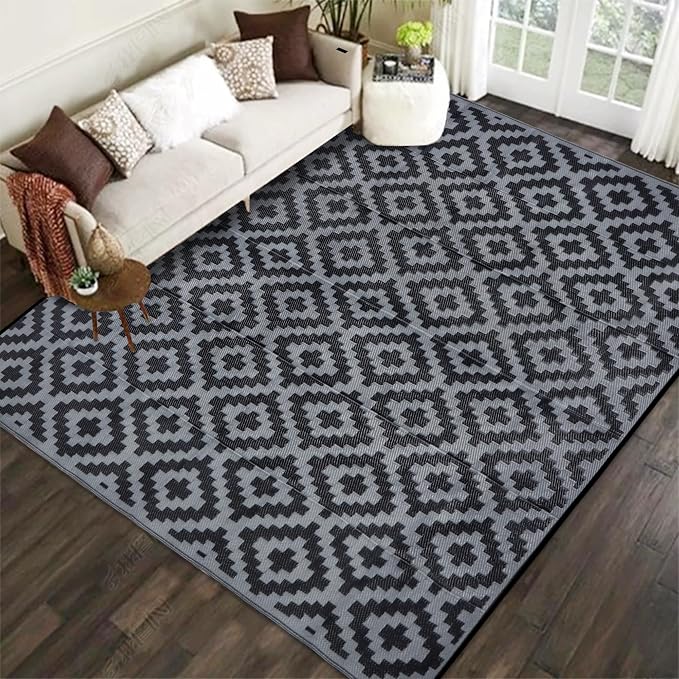 SAND MINE Waterproof Outdoor Rug, Plastic Reversible Rug, Modern Area Rug, Large Floor Mat for Outdoors, RV, Patio, Backyard, Deck, Picnic, Beach, Camping (8' x 8', Black Grey Lattice)