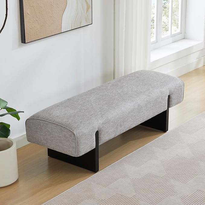 ONEVOG 55" End of Bed Bench with Upholstered Cushion & Natural Solid Wood Legs, Modern Long Ottoman Seat Foot Stool for Bedroom/Entryway/Living Room/Hallway, Support 450lbs, Linen Fabric, Light Grey