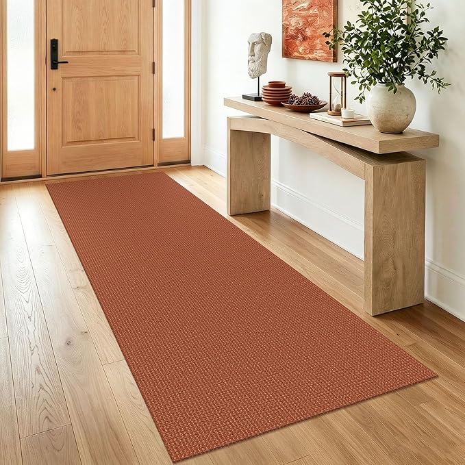 IOHOUZE Washable Runner Rug 3x8 Non Slip Rubber Backed Wide Hallway Runner Entryway Runner Indoor, Kitchen Rugs Woven Floor Carpet for Hall Entrance Bedroom, Burnt Orange/Tan