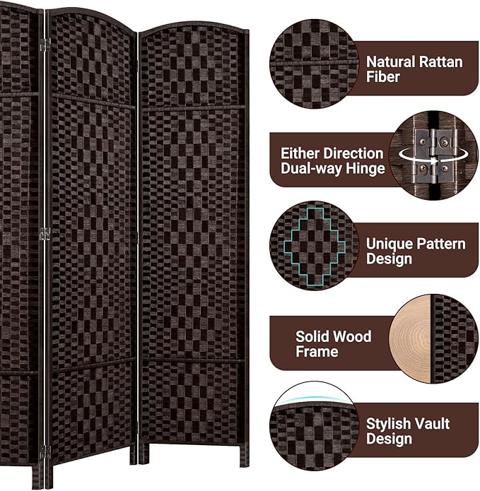 HALLYBEE Room Divider, Room Dividers and Folding Privacy Screens, 16in Privacy Screen, 6 Panel Temporary Wall Partitions, 6ft Space Separation Panel Screen, Dark Mocha