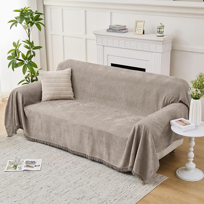 LOMAO Couch Cover Sofa Covers for 3 Cushion Sectional Couch Covers L Shape Couch Cover with Tassel Sofa Protector Washable Reversible Chenille Sofa Slipcover for Pet (Khaki,XLarge（71 * 134)