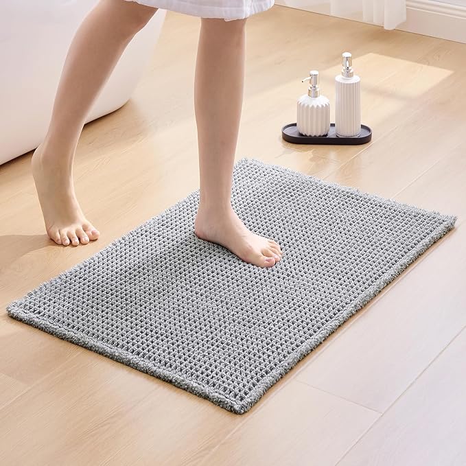 ILANGO Upgraded Waffle Bath Mat,Super Absorbent Boho Non Slip Bathroom Rugs Quick Dry,Ultra Soft Machine Washable Mats with Tassels for Floor,16x24,Dark Grey