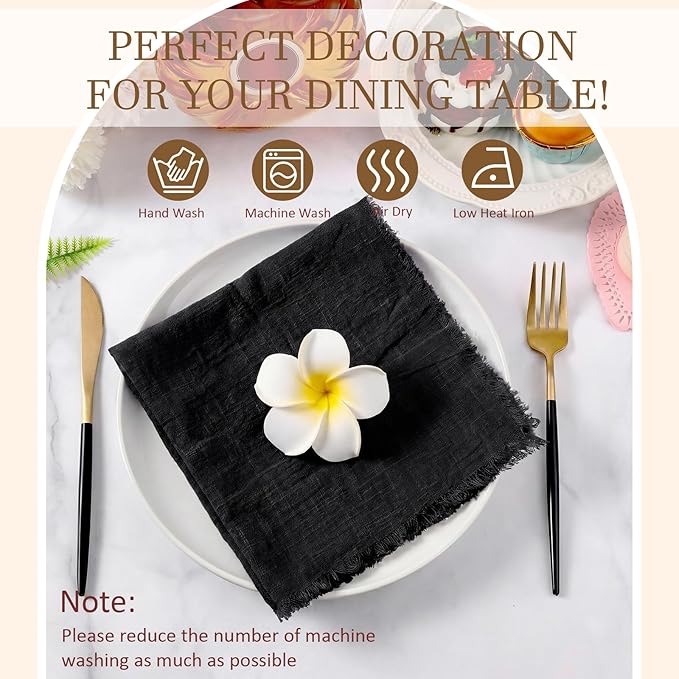 Preboun 24 Pcs Fringe Napkins Bulk Cloth Cotton Soft 17 x 17 Inch Rustic Reusable Washable Festive Square Table Napkins with Fringe for Parties Wedding Restaurant Table Accessory(Black)