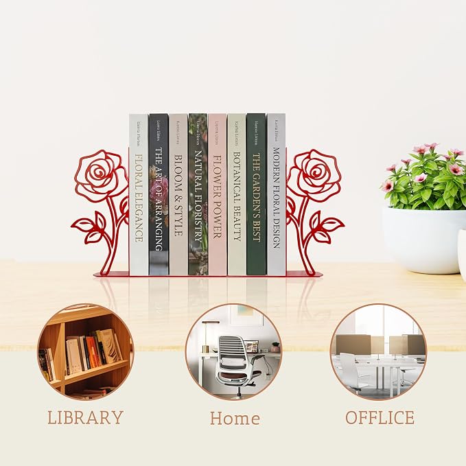 Rose Flower Bookends – Metal Novelty Book Ends with Rose Design, Floral Shelf Decor Decorative Bookends for Shelves Ideal Gift for Book Lovers (Red)