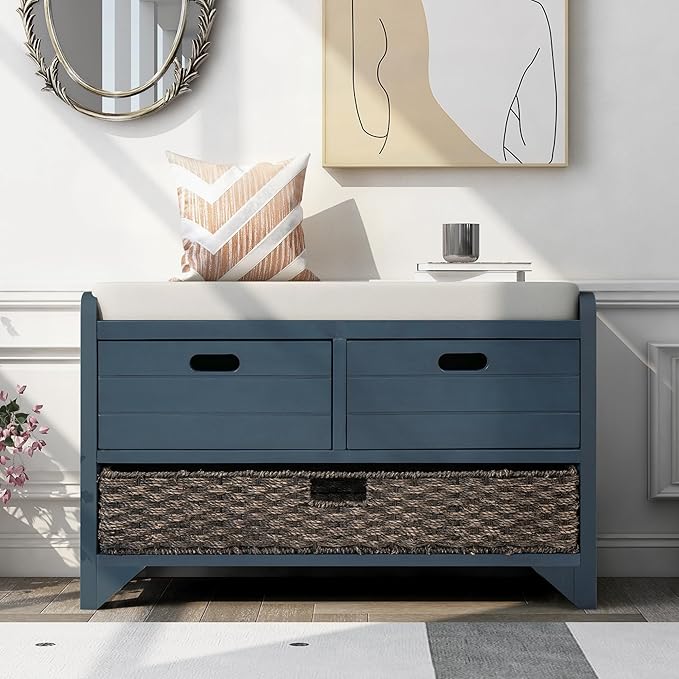 SOFTSEA Upholstered Storage Bench for Entryway, Wood Storage Ottoman with Removable Basket and 2 Drawers, Farmhouse Shoe Bench with Seat Cushion for Entryway, Living Room, Full Assembled, Navy