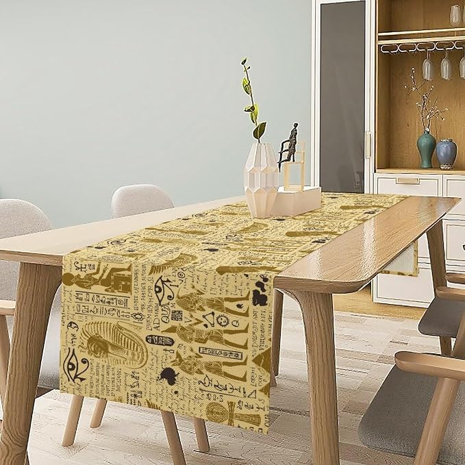 Ancient Egypt Table Runner Retro Egyptian Hieroglyph Elements Graffiti Pattern for Home Kitchen Table Decor Dining Coffee Room Party Decor 13x60in
