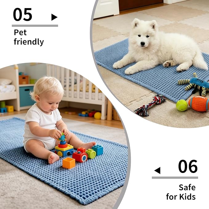 Disolla Waffle Bath Mat, Non Slip Absorbent Bathroom Runner Rug, Washable Quick Dry Ultra Soft Long Bathroom Floor Mat, Large Blue & White Bath Rug for Tub Shower, 24''x54''