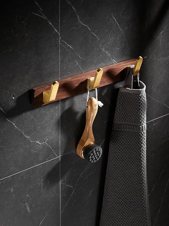 Wall Mounted Coat Rack, Entryway Hanging Coat Rack, Metal Wood Coat Rail with 3 Rustic Hooks Rail for Coat, Scarf, Bag, Towel, Key, Cap, Hat, Walnut Gold Matt