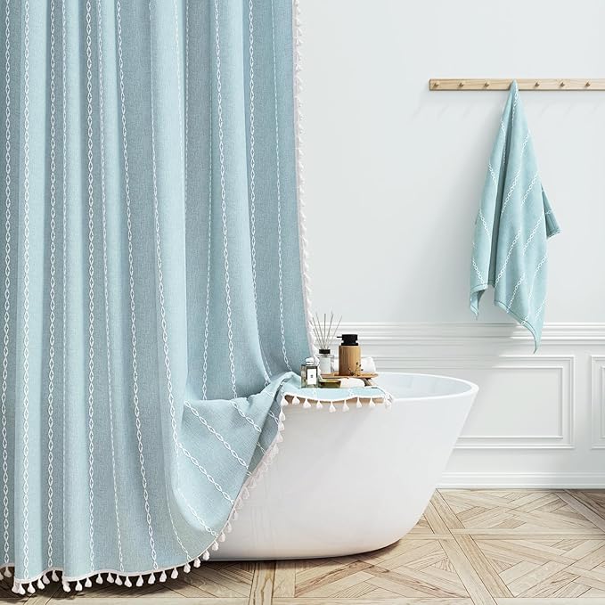 BTTN Boho Farmhouse Shower Curtain, Linen Rustic Weighted Striped Fabric Shower Curtain with Tassel, Water Repellent, Modern Bohemian Vintage Cloth Shower Curtains for Bathroom, Fog Blue, 72x72