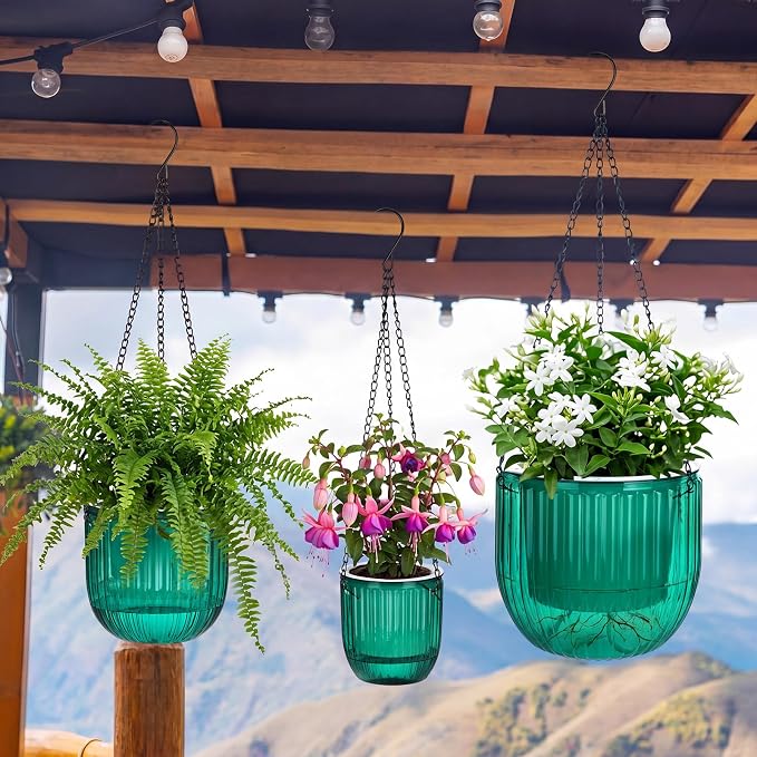 Maxcheck 3 Pcs Self Watering Hanging Planters Indoor Gift 6.9'' 6.5'' 4.5'' Hanging Flower Pots Baskets Outdoor Emerald Self Watering Plant with 3 Hooks Drainage Holes for Home