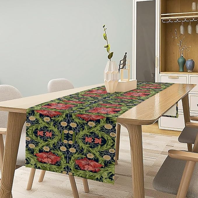 William Morris Flower Table Runner, Vintage Boho Style Plant Pattern Dinner Runner for Home Kitchen Dining Table Decoration 13x36 Inch