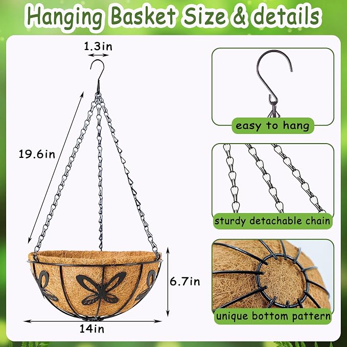4pcs 14 inch Metal Hanging Baskets Round Wire Plant Stand with Coco Lining Cushion Decorative Planter Hanger Garden Indoor Outdoor Watering Hanging Basket （HD）