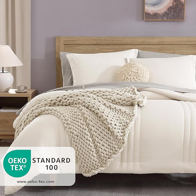 Monbix Queen Comforter Set - 7 Pieces Snow White Bed in a Bag Queen Bedding Sets with Comforters, All Seasons Comforter Bed Set with Sheets, Pillowcases & Shams