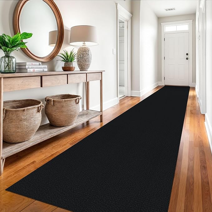 EARTHALL Extra Long Runner Rug 3x16 Ft Washable Runners for Hallways Cotton Non Slip Entryway Runner Braided Kitchen Runner Indoor Outdoor Carpet Runners for Hotels, Hall, Stair, Black/Grey