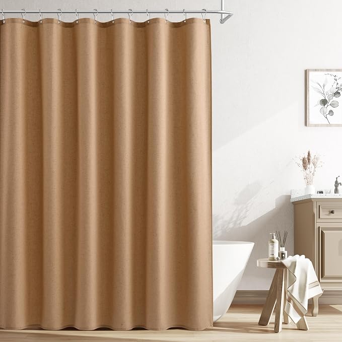 Naturoom Camel Linen Shower Curtain, Country Boho Farmhouse Bath Decor Shower Curtains Neutral Cloth Weighted Textured Fabric Bath Curtain Liner with Hooks, 72x84