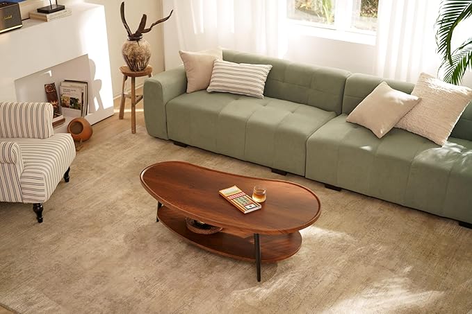 AGV LIGHTING Mango Oval Coffee Table with Storage Shelf, 47" Mid Century Modern Coffee Table for Living Room, Walnut Wood Finish MDF Top with Black Metal Legs