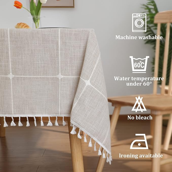 JIALE Tablecloths for Rectangle Tables,Cotton Linen Table Cloth Waterproof Tablecloth Wrinkle Free Farmhouse Dining Tables Cover,Soft Fabric Table Cloths with Tassels, Plaid, 55" X 120",10-12 Seats
