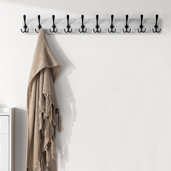 SKOLOO Coat Rack Wall Mounted - 38.3'' Long, Wooden, Heavy Duty, Rustic Coat Hooks for Wall, Wall Coat Rack with 10 Triple Hooks for Hanging Clothes, Jacket, Hat(Weathered White)