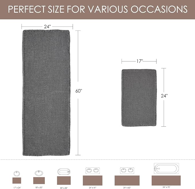 KGORGE Waffle Bath Mat, Ultra Soft 60" X 24" Super Absorbent Long Bathroom Rug with Tassels, Non Slip Farmhouse Floor Cover Quick Dry Large Rugs for Bathroom Shower Tub Toilet Kitchen, Grey, 1pc