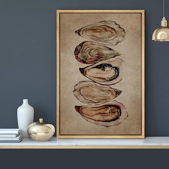 MUDECOR Framed Canvas Print Wall Art Watercolor Oyster Shells Rustic Coastal Illustrations Minimalism Decorative Bohemian Colorful Zen for Living Room, Bedroom, Office - 24"x36" NATURAL