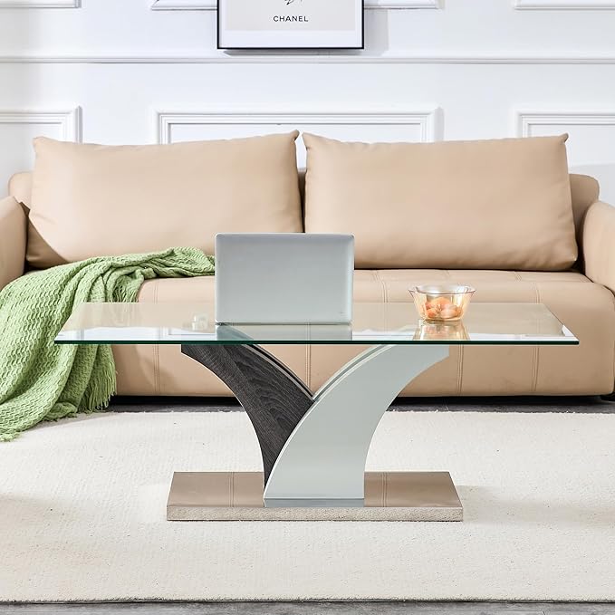 47'' Glass Coffee Table for Living Room,Rectangle Clear Center Table,Modern Glass Sofa Coffee Table with Tempered Glass Top and MDF Thickened Base