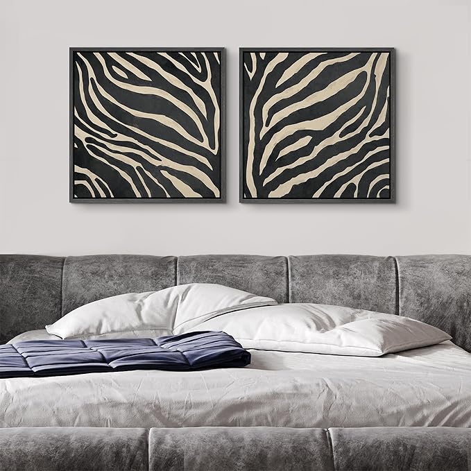 SIGNFORD Framed Canvas Print Wall Art Set Zebra Pattern Artwork, Black and Cream Animal Stripe Illustrations Modern Art Minimal Relax/Calm for Living Room, Bedroom, Office - 24"x24"x2 BLACK