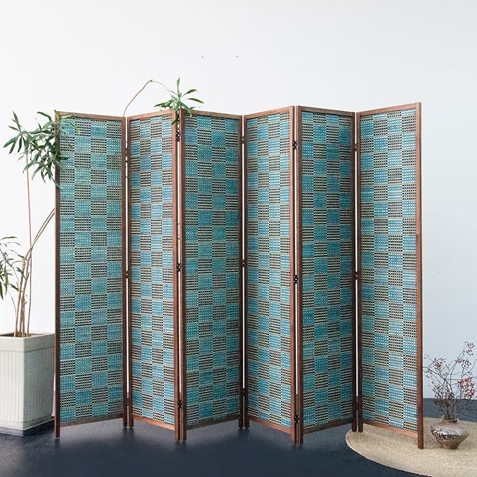 Furnnylane 6 Panel Room Divider Screen and Folding Panel Screen,Double Sided Bamboo Divider for Room Separation,Blue Square,67" H x 94.5" W