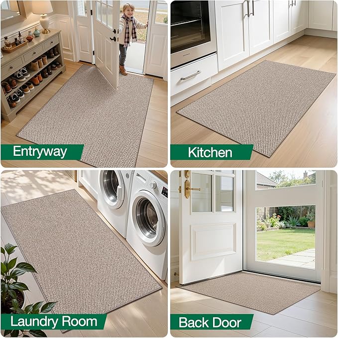 LUMI Ultra Thin Indoor Door Mat for Entrance 32"x48", Non Slip Entryway Mat, Low Profile Doormat, Unique Herringbone Design Carpet for Inside, Patio, Porch, Dark Beige