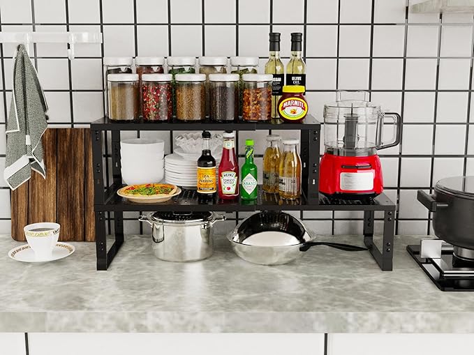 Jojocross Adjustable Expanable Stackable Spice Rack Shelf Pantry Storage Organizer for Kitchen Cabinet,Countertop,Bathroom and More.Space is no Longer Limited(2Packs/Black/Large)