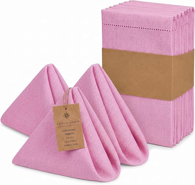 Hemstitch Cloth Napkins, Set of 12-100% Cotton Dinner Napkins 18x18 - Soft Absorbent Cloth Napkins for Wedding & Formal Dinner - Holiday, Christmas Cotton Dinner Napkins - Baby Pink