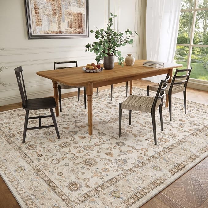 Washable Area Rugs for Living Room: 9x12 Bedroom Rug Boho Vintage Area Rug Stain Resistant Non Slip Low Pile Lightweight Soft Carpets for Dining Room Kitchen Nursery Kids Room Playroom Home Office