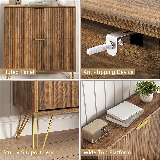 Shoe Storage Cabinet with 2 Flip Drawers, 31.5" W Fluted Shoe Cabinet for Entryway, Hidden Shoe Cabinet Storage, Narrow Free Standing Shoe Orgnaizer Rack Cabinet for Foyer Hallway, Natural