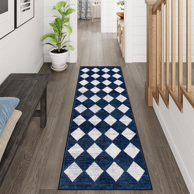 Lahome Zelie Checkered Washable Runner Rug,2x6 Rug Runners for Hallways Non Slip,Blue Kitchen Runner Rug,Moroccan Trellis Soft Low Pile Carpet Runners for Entryway Laundry Room Bathroom(2'x6',Blue)