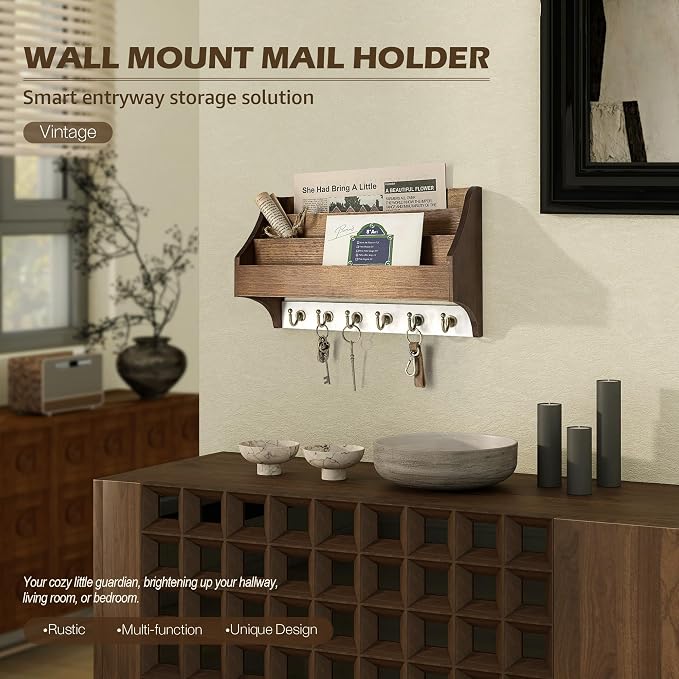 Rebee Vision Pine Wood Key Holder Wall Mount - Farmhouse 3-Tire Mail Holder with 6 Key Hooks for Home Decor- Multifunctional Wall Organizer for Hanging Letter (Brown&White)