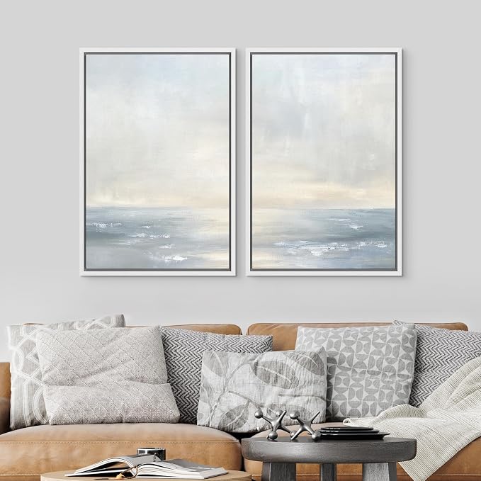 SIGNLEADER Framed Canvas Print Wall Art Set Minimalist Ocean Horizon Soft Blue Coastal Seascape Illustrations Modern Relax/Calm for Living Room, Bedroom, Office - 16"x24"x2 WHITE