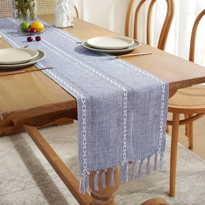 Yicorgard Farmhouse Table Runner Rustic Style 13“ x 72”, Braided Striped Linen Rustic Table Runner 72 Inches Long with Tassels for Dining Room Kitchen Reading Dresser Décor,Blue
