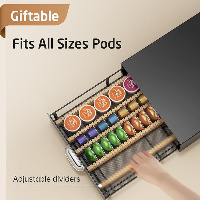 KES Adjustable Metal Coffee Pod Holder Drawer Fit All Pods Size, Heavy Duty Coffee Pod Organizer for Nespresso Vertuo, K-cup, Nespresso Origin Capsules, 40/52Pcs Capacity, Matte Black, KCPH502-BK