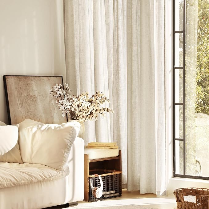 Faux Linen Beige Curtains 45 inches Long for Living Room Rustic Farmhouse Linen Drapes Semi Sheer Burlap Textured Canvas Cloth Curtain Panels Set of 2 Kahki Tan Colored