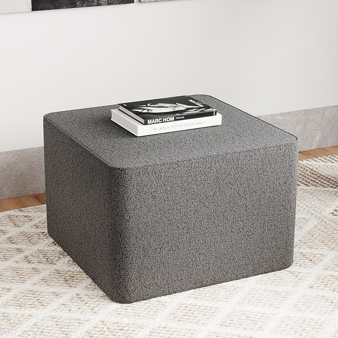 24"x24" Oversized Square Stuffed Pouf Ottoman, Full Foam Filling Footstool for Living Room Bedroom Office, Comfortable Ottoman Floor Poufs Foot Rest for Couch (Teddy Fleece Fabric, Dark Grey)