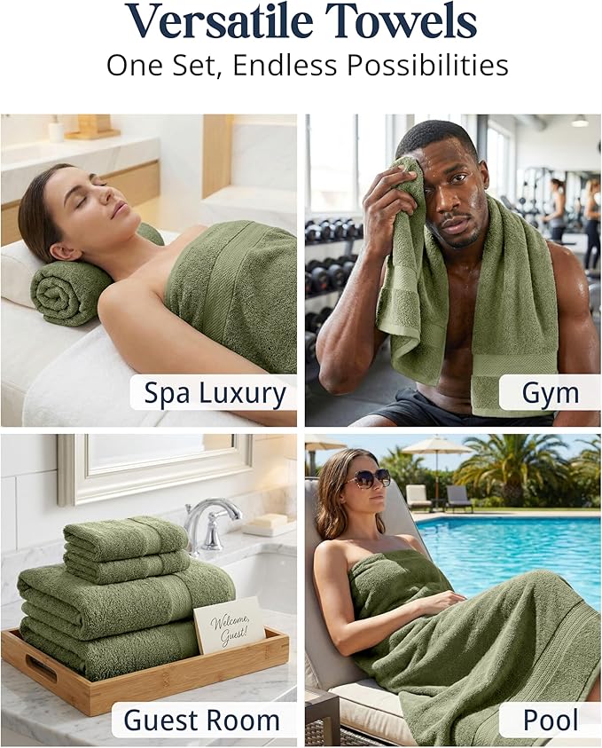 LANE LINEN Luxury Cotton Bath Towel Pack of 6 - Softer, Highly Absorbent & Durable - 2 Bath, 2 Wash cloths, 2 Hand Towels for Bathroom - Premium Look, Spa Quality, Solid Dyed Towels - Oil Green
