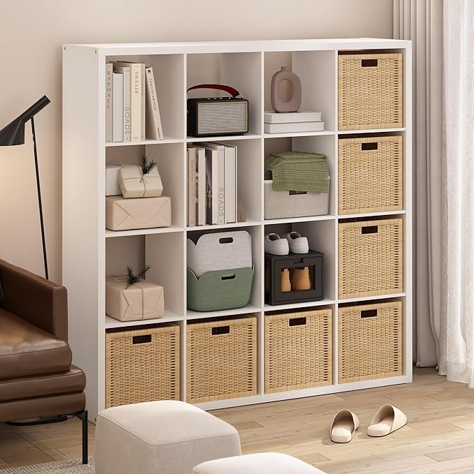 Furinno Cubicle Book Shelf, 16-Cube Bookshelf, Extra Thick Frame Reversible Bookcase with Open Back, 14.6" x 58" x 58", for Living Room, Bedroom, Home Office, White
