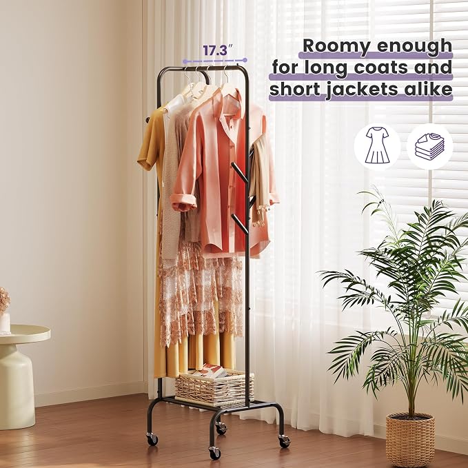 Modern Bamboo Coat Rack, Freestanding with 2 Shelves, 5 Hooks, Rotating Design, Heavy Duty Stand for Entryway, Living Room, 72x24x24 Inches (Black)