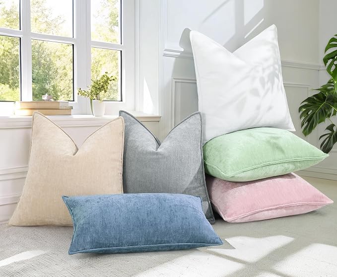 decorUhome Summer Couch Euro Sham Throw Pillow Covers 22x22 Set of 2, Decorative Soft Velvet Modern Cozy Chenille Pillow Cases with Elegant Design for Sofa Bed Living Room Home Decor, Blue Grey