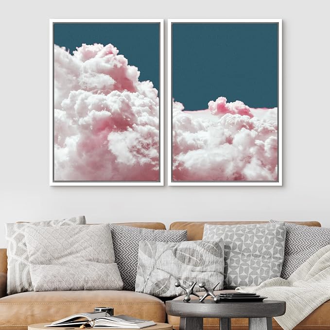 SIGNLEADER Framed Canvas Print Wall Art Set Pink Cotton Candy Cloud Sky Landscape Nature Wilderness Photography Modern Art Chic Scenic Colorful for Living Room, Bedroom, Office - 24"x36"x2 WHITE