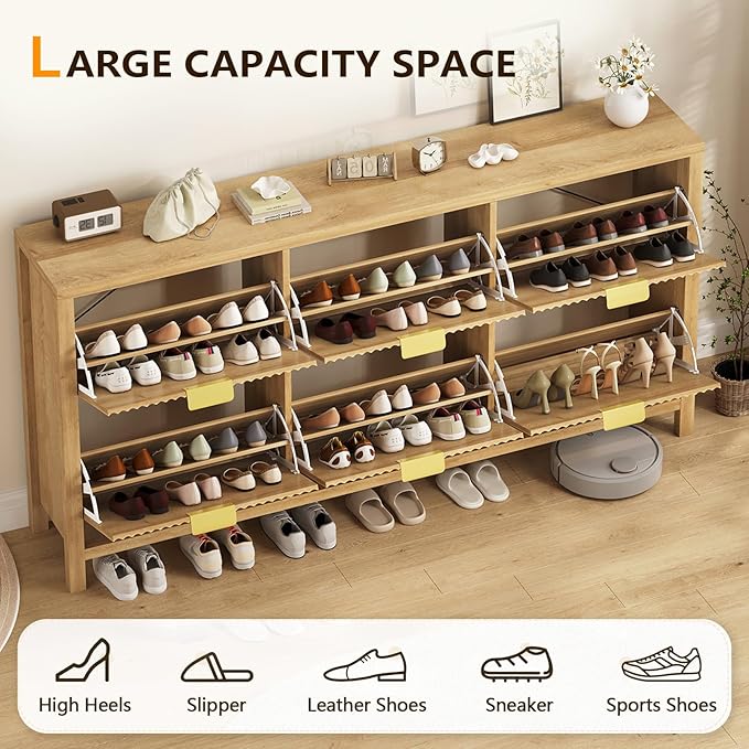YOMILUVE 63" Shoe Cabinet Storage for Entryway, Fluted Shoe Cabinet with 6 Flip Drawers, Hidden Shoe Rack Freestanding Wooden Shoe Organizer with Legs for Hallway, Oak