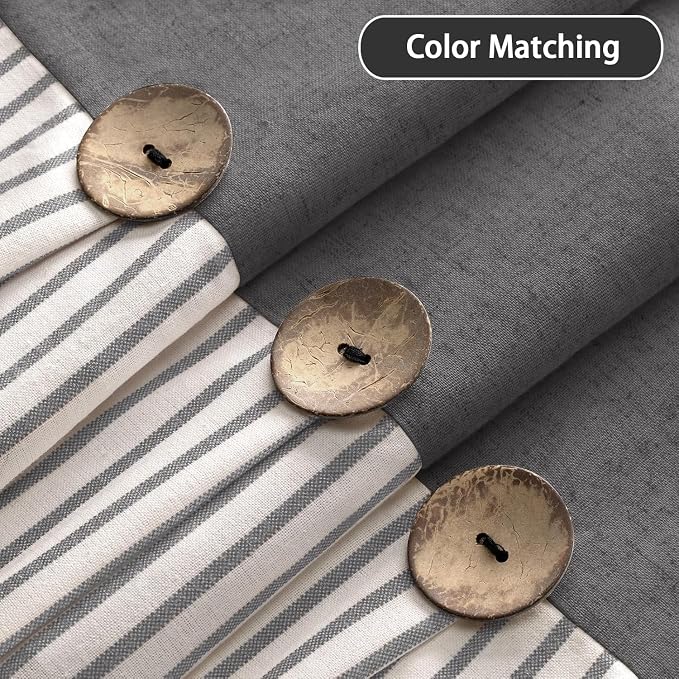 Farmhouse Shower Curtain Linen Grey Button Woven Fabric Country Rustic Western, Pleated Grey Stripe 72" W x 72" L