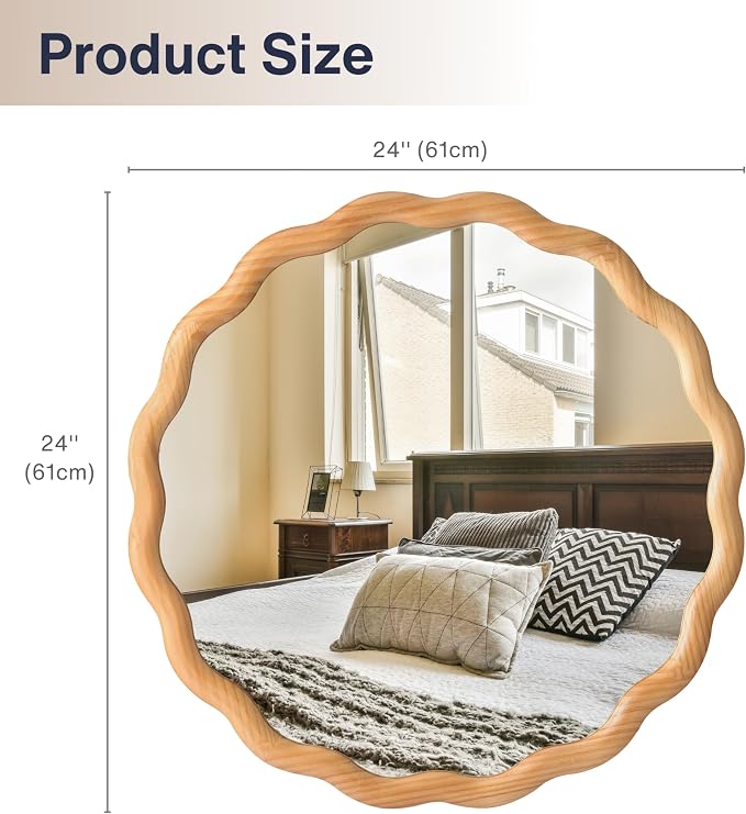 PERFNIQUE Scalloped Round Mirror 24", Wood Framed Nursery Wall Mirror with Tempered Glass, Decorative Wavy Edge Circle Mirror for Bedroom, Entryway or Living Room