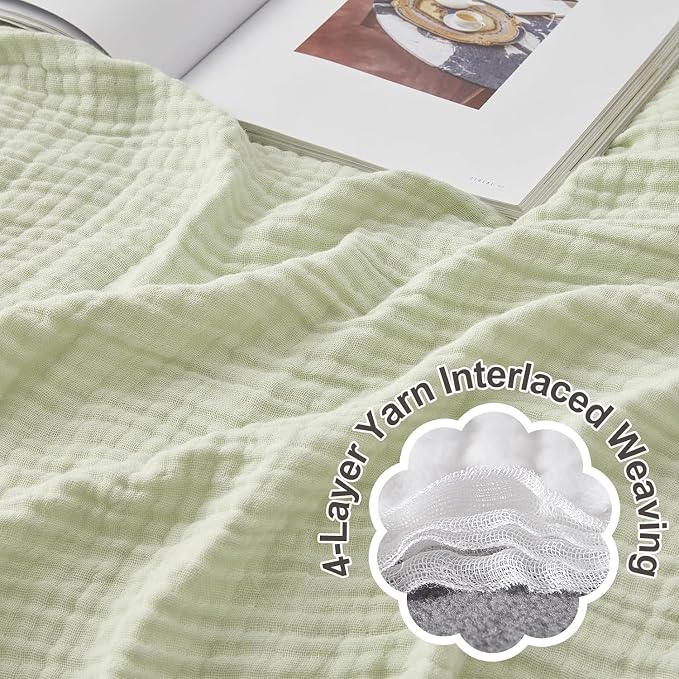 EMME Cotton Throw Blanket 100% Muslin Soft Blanket for Couch 4-Layer Breathable Gauze All Season Soft and Lightweight Pre-Washed Cotton (Mint Green, 50"x71")