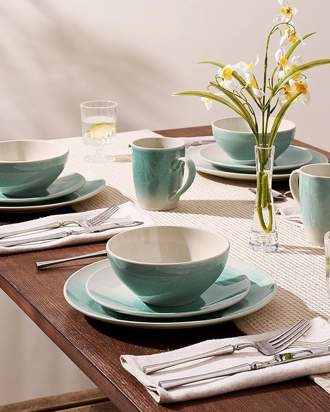 Famiware Glacier Stoneware Dinnerware Sets, 12-Piece Plates and Bowls Set for 4, Reactive Glaze Dishes, Everyday & Formal Use, Dishwasher/Microwave Safe, Chip/Scratch Resistant, Two-Color Glazed, Aqua